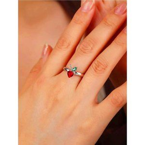 RHINESTONE CRYSTAL HEART SHAPED RED CHERRY DECOR RING SILVER TONE